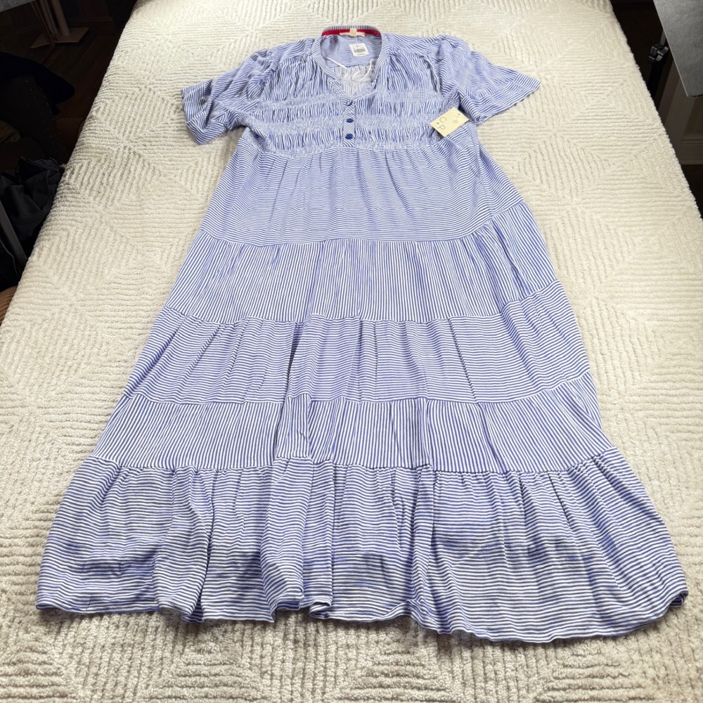 Cactus + Pearl Smocked Maxi Dress Women's XL Blue White Striped Cottagecore nwt
